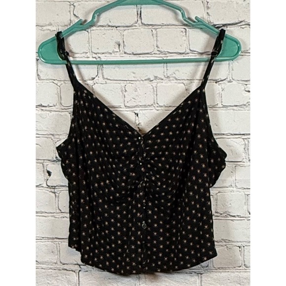 Volcom Cami Top Black Tan Print Sleeveless Button Front Adjustable‎ Straps L(10) - Picture 2 of 6